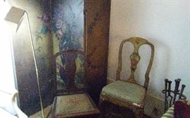 Vintage screen and painted and chairs