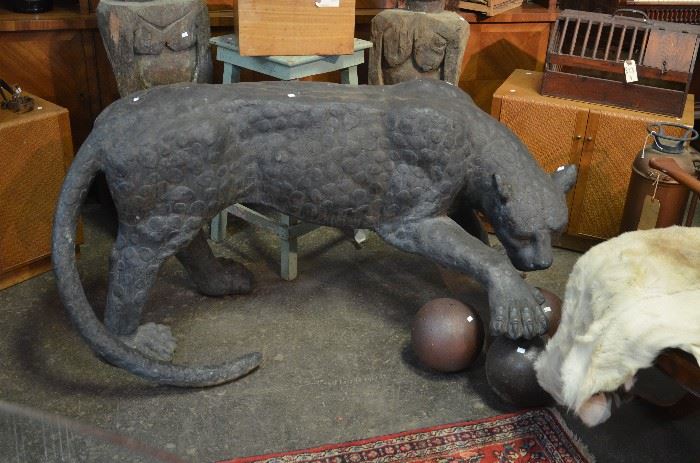 Outdoor Bronze Cast Life sized Jaguar sculpture with decorative ceramic balls. This piece is in excellent condition and has amazing detail! 