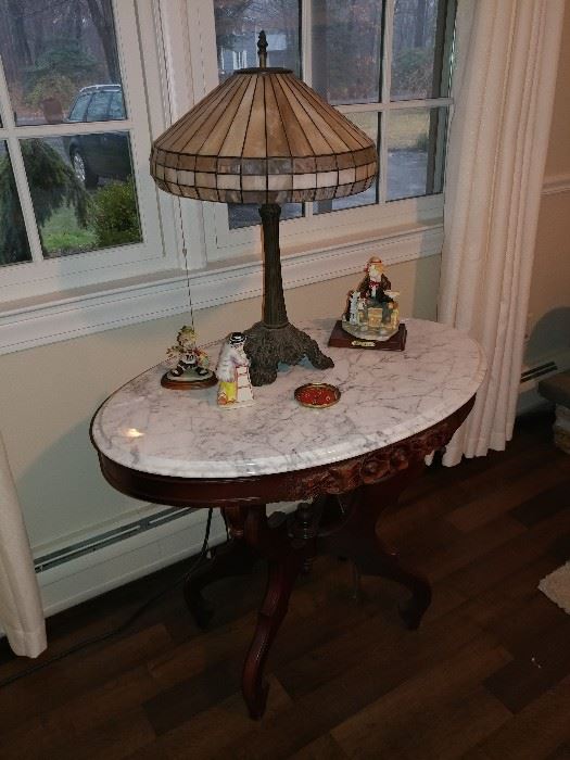 Tiffany style lamp, marble top table