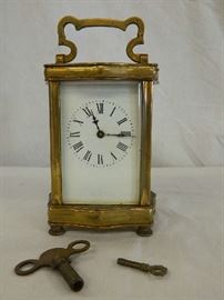 1920s French Porcelain Face Brass Small Carriage Clock