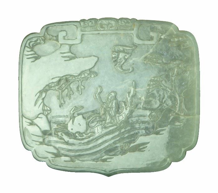 24. QING DYNASTY(1616-1912)  JADE PLAQUE清, 青白玉福祿壽喜Intended as the head of a ruyi scepter, this thin jade plaque has been carved with a scene of Shou on a river along with a large peach and a bat flying above.H:4in  W:5in  121g
