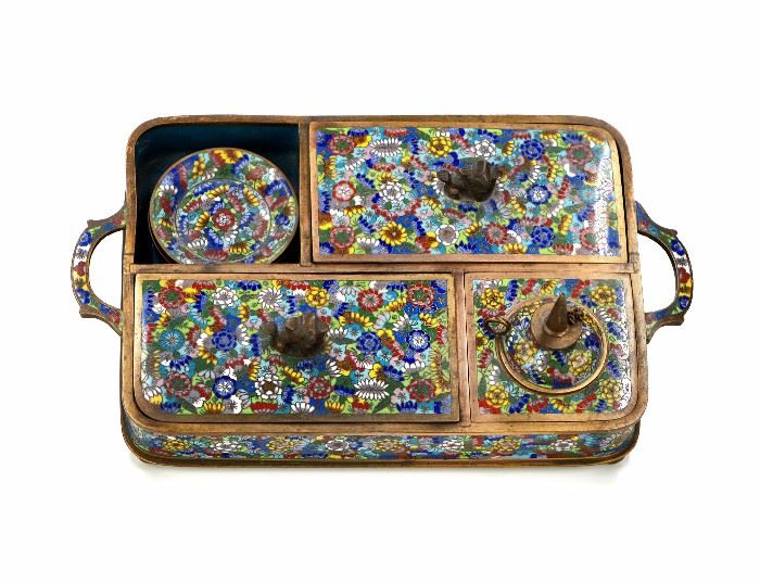 78. CLOISONNE OPIUM SET銅胎掐絲琺瑯盒A handled cloisonne tray opium set covered in bright flowers. L: 6 1/2 in   W: 11 1/4 in   H: 4 in
