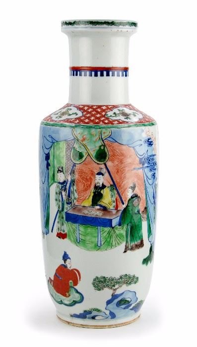 110. QING DYNASTY  （1616-1912） WUCAI “BANGCUI”VASE清 （1616-1912）五彩人物棒槌瓶Delicately painted, this Qing dynasty vase depicts a figural scene with a general and his attendants – has a kangxi style mark. H:18 in  W: 6 7/8 in M: 4 1/8 in
