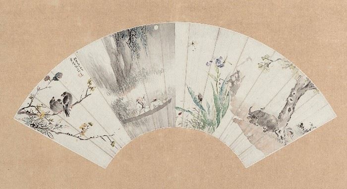 158. FRAMED FAN PAINTING王素 扇面花鸟人物图（藏家與1974年購）A framed fan painting featuring Four (4) seperate scenes varying from birds and flowers to a boy with a water buffalo. H: 18 3/8 in
