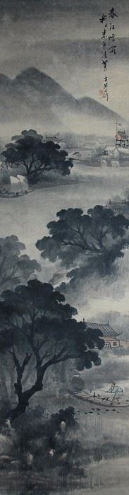 160. QING DYNASTY (1616-1912)  ""WUSHIXIAN""INK ON PAPER VERICAL SCROLL PAINTING 清 (1616-1912) 吳石仙潑墨山水人物畫Depicting a spring scene with fishermen along the river, has a stamp.Long:234cm(92in)
 W:49.5cm(19in)"
