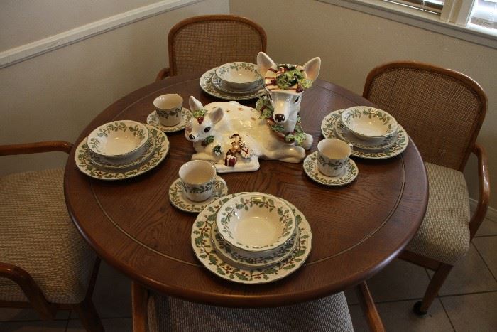 Christmas Set for four.  Gorgeous Ceramic Deer Statue.   Game table with four chairs