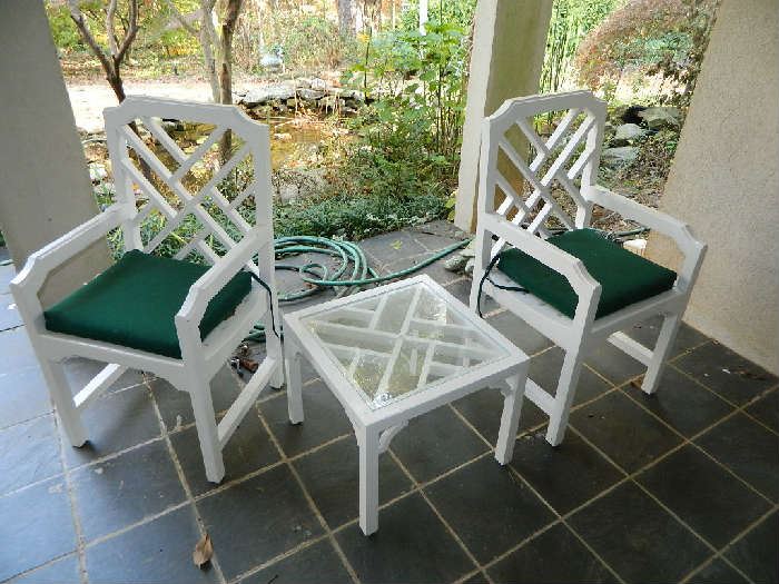White Patio Furniture, Two Chairs, Side Table