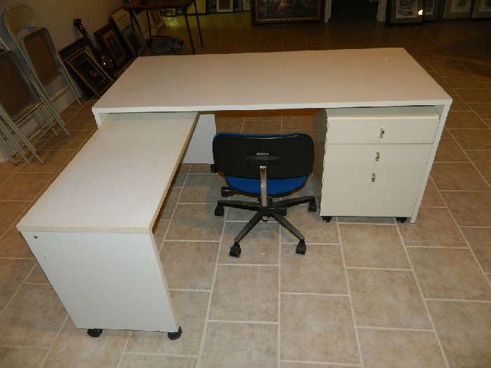 White Work Station - Desk with roll out work table and roll out file cabinet