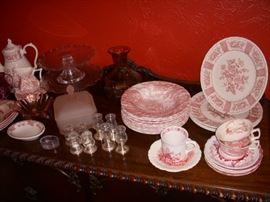 Pink and white dishes, Sterling base shakers, etc.