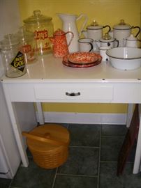 Enamel top table, white wood base.