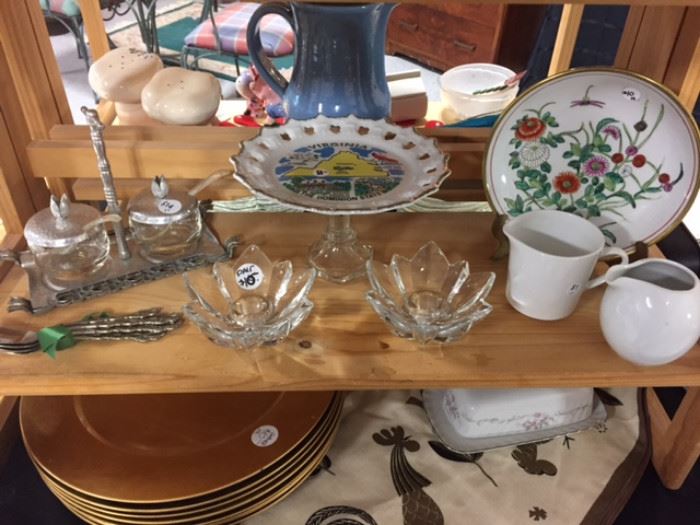 Vintage Mid Century Aluminum Serving Pieces, Gold Chargers, Crystal Candlesticks and more