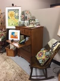 Vintage Secretary, Artwork, Area Rug, Petite Rocker, Needlepoint Pillows and more