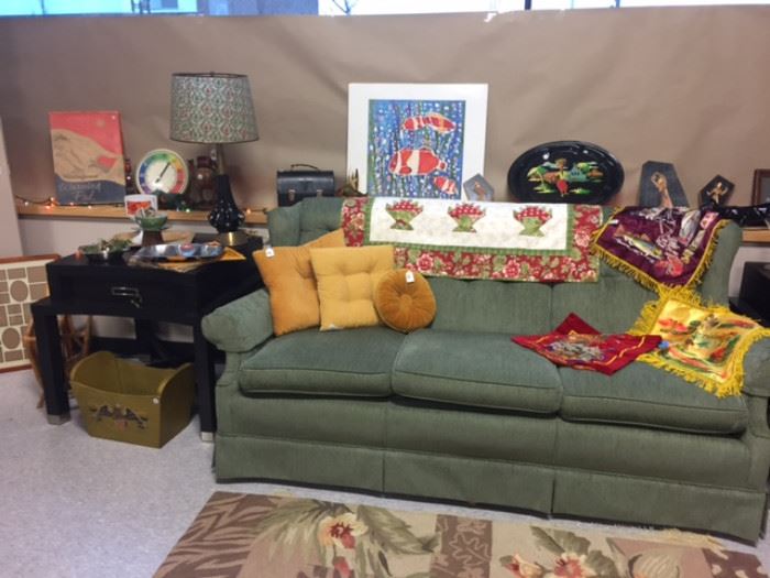 Vintage Lamp, Artwork, Trays, End Table and Sage Green Couch with WW@ Pillow Covers