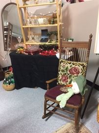 Antique Turned Needlepoint Seat Rocker, Needlepoint Pillows, Shelves filled with Holiday Glassware and Serving Pieces