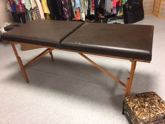 Vintage Teak Massage Table, made in Ann Arbor!  Small Animal Print Footstool