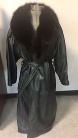Fur Collared Leather Belted Trench Coat