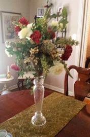 crystal vases, floral arrangement, cherry American Drew table with Queen Anne legs and chairs