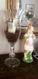 glass vase, pottery bunnies