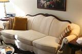 Gorgeous Antique Carved Wood Cream/White Sofa. Excellent Condition has Matching Easy Side Chair. Both Very Comfortable. Priced at 500.00