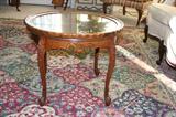 Solid Oak, Ornately Carved Wood Round Display Table; Top w/ Glass lifts off of table to insert photos etc. Beautiful Condition