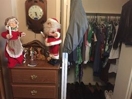 Christmas decor, chest of drawers, wall clock, men's clothes & various coats