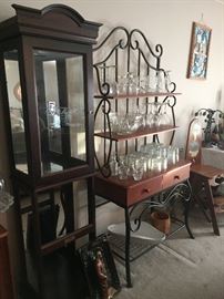 Martell cognac liquor cabinet, baker's rack and various crystal pieces