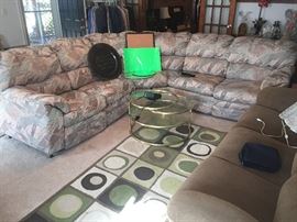 Sectional set, vintage glass/brass table, rug and couch
