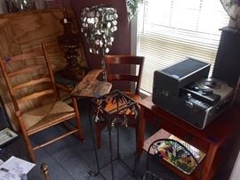 Vintage lamp, hand carved wood lamp, wooden student desk, rocking chair, end table & Sony tapecorder