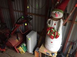 Tiller, heater, snowman decoration, small table & tools