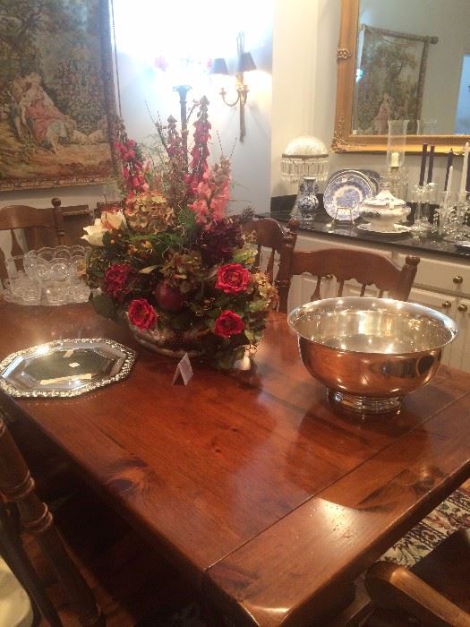 Dining table/6 chairs; silver plate punch bowl; floral arrangement