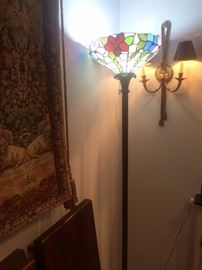 Stain glass floor lamp; 1 of 2 matching wall sconce