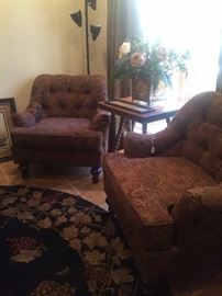 Matching occasional chairs; 8 ft. round rug; antique square table