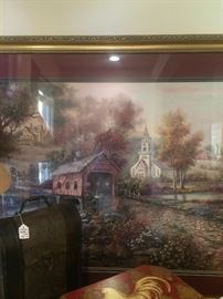 Framed art with covered bridge & church