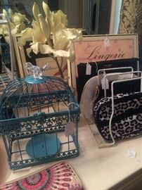Small bird cage; make-up bags