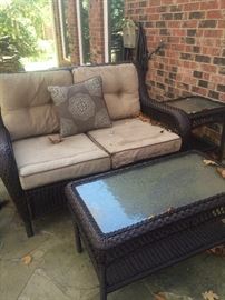 Patio settee, side table, and coffee table to match (cushions - as is)