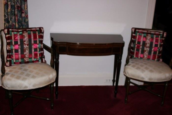 Rectangular Wood Side Table with Pair of Upholstered Chairs