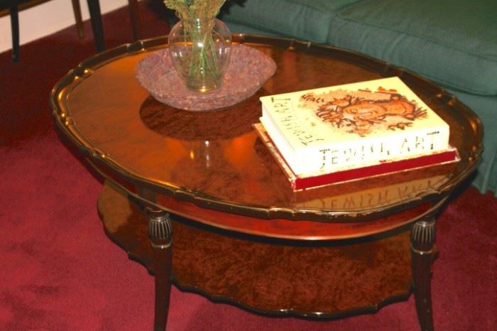 Oval, 2 Tiered, Wood Coffee Table with Tray, Books and Decorative