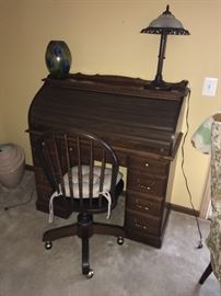 ROLL-TOP DESK AND WOODEN OFFICE CHAIR