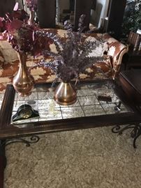 WOOD, METAL AND GLASS COFFEE TABLE
