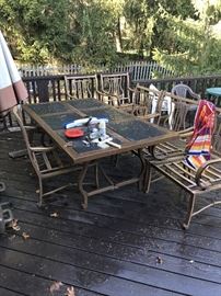 PATIO FURNITURE-LONG TABLE 6 CHAIRS AND UMBRELLA