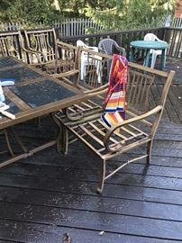 PATIO FURNITURE-LONG TABLE 6 CHAIRS AND UMBRELLA