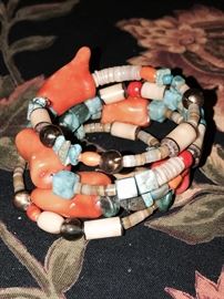 CORAL, TURQUOISE AND NATURAL STONE BANGLE BRACELET