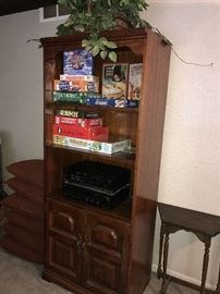 WOODEN BOOKSHELF AND BOARD GAMES