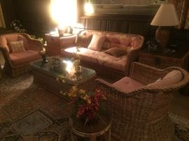wicker sofa, 2 chairs and coffee table