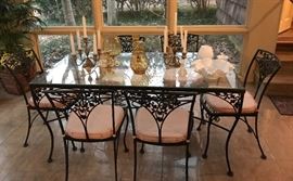 Woodard wrought iron dining table and 6 chairs, collection of milk glass, collection of amber glass