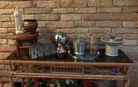 rattan console table, mid century aluminum