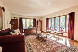 Large Executive Desk, 2 Tall File cabinets, Side chairs, Red Sofa, Large  Area rugs. Coffee table NOT for sale.