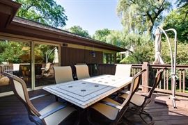 Large Patio set, Stone and tile, 6+ Chairs, Large Umbrella