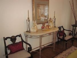 Half moon console table, 2 matching black occasional chairs 