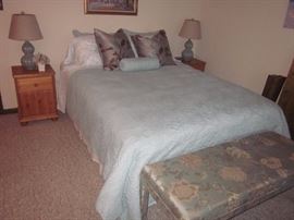 Queen mattresses, End table, lamps, bed bench.